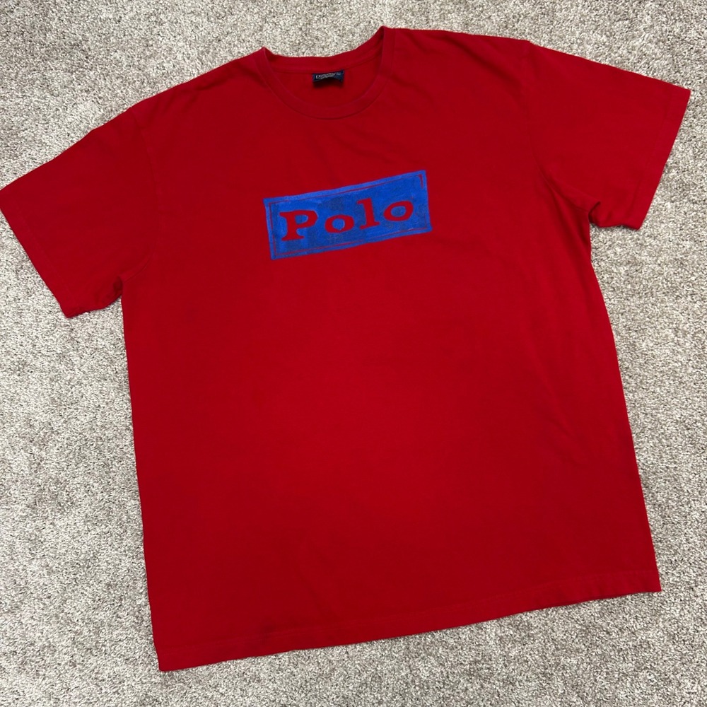 Vintage Polo Ralph Lauren Box Logo Shirt Men Size Large Red Cotton 90s‎ Spellout